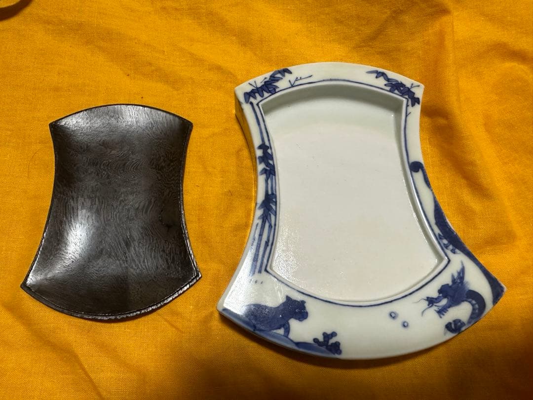 希少品！清風与平 青華磁風字形 硯 二重箱　共箱