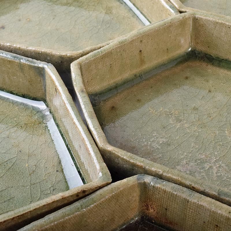 瀬戸焼　鼎窯　加藤春鼎　加藤孝作　灰釉　六角向付　五客　共布共箱　V　R8245