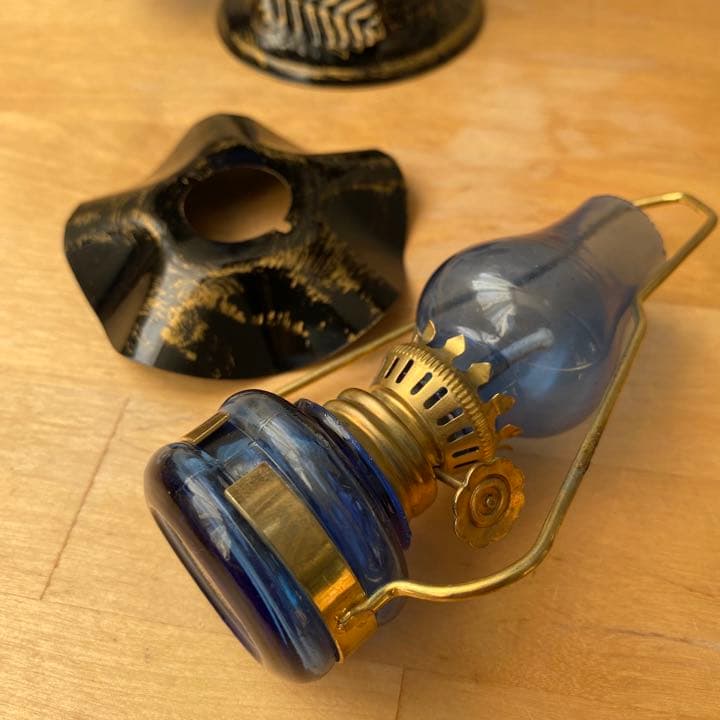 レア　オイルランプ　2個　天秤型　青　ガラス　薔薇　骨董　ランタン　年代不明