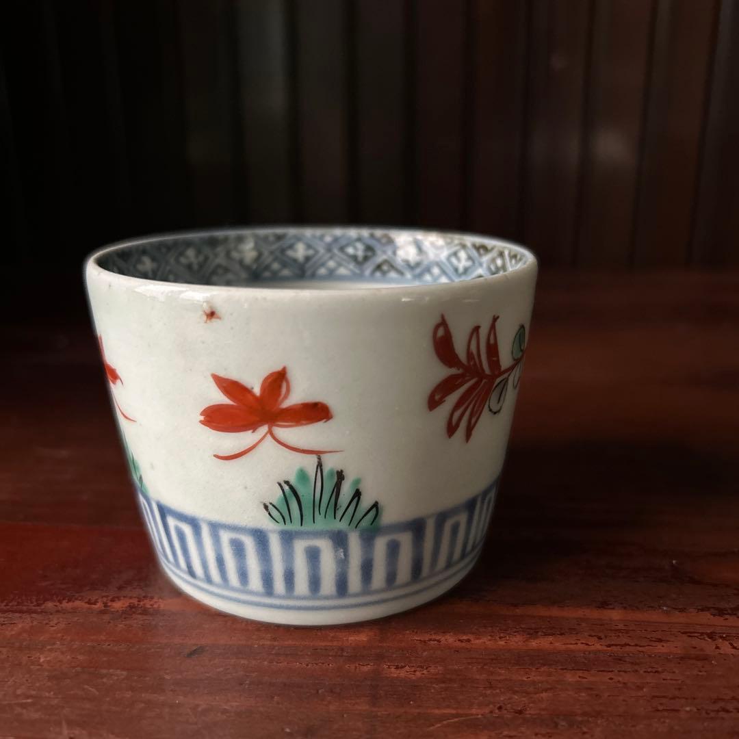 古伊万里色絵　萩扇図　江戸後期　猪口