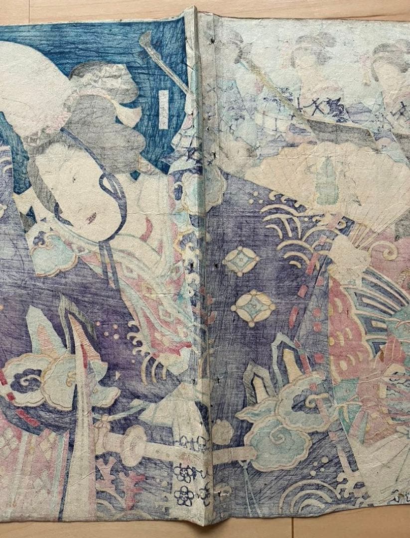 浮世絵 原画　豊原國周 版画 アンティーク美術　歌舞伎絵　木版画　3連画