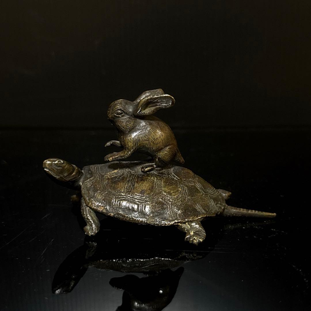珍品 明治期 古銅 『うさぎとかめ』 兎と亀 置物 文鎮 コレクション