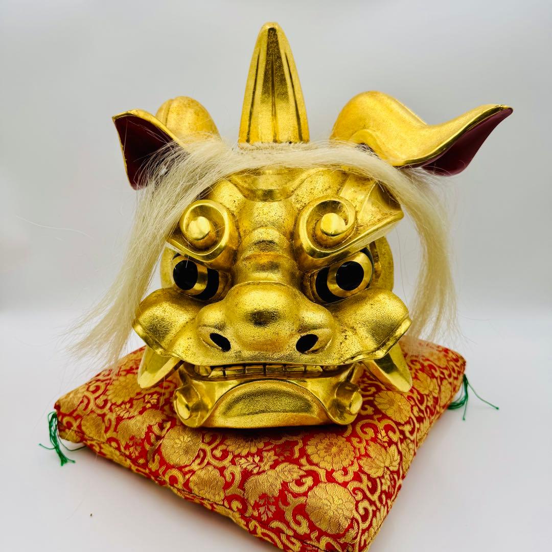 【木彫　瑞宝造　獅子頭　神具　縁起物　祭】邪気払い　骨董　アンティーク　共箱