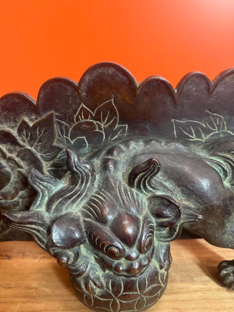 1737 名人　大国寿郎作　牡丹獅子置物　銅製　時代物