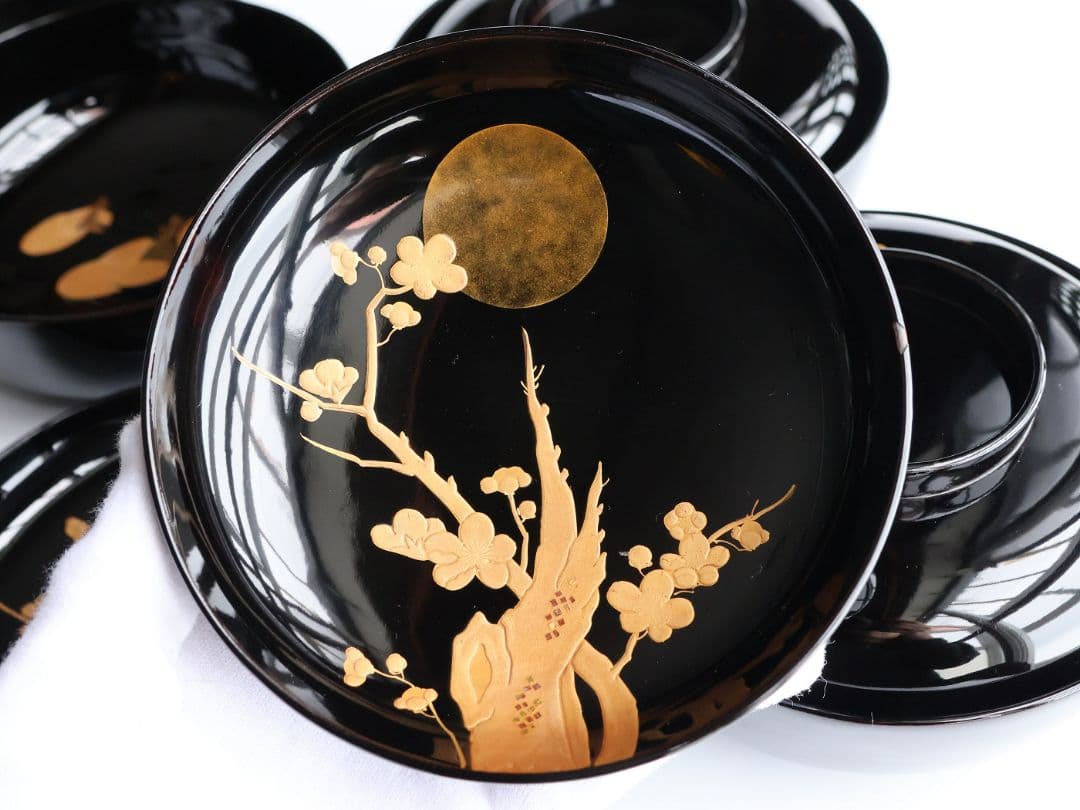 【CM416】訳あり 天然木漆塗 月と梅 福寿草 金蒔絵 黒塗椀 五客 大正昭和
