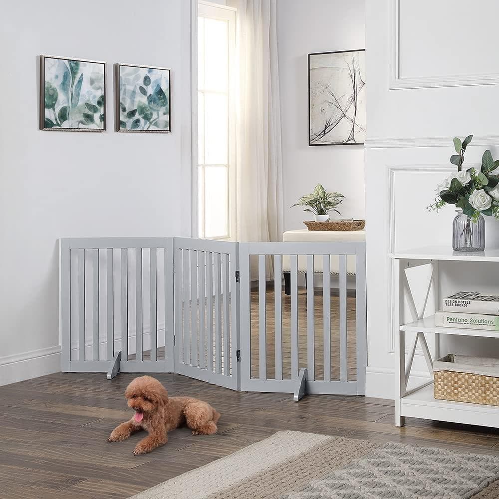 unipaws ペットゲート 置くだけ簡単 木製 折りたたみ式 伸縮可能 グレー