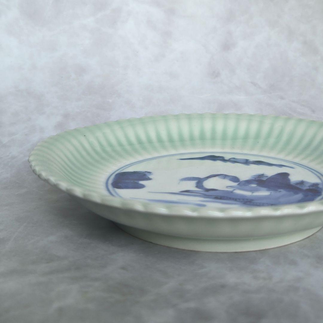 古伊万里　青磁　染付　六寸皿　江戸時代　鎬　金直し　金継ぎ　骨董　アンティーク