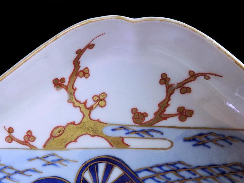 古伊万里　染錦　青海波に梅の図　菱形変形皿　５客　534AS-DBf