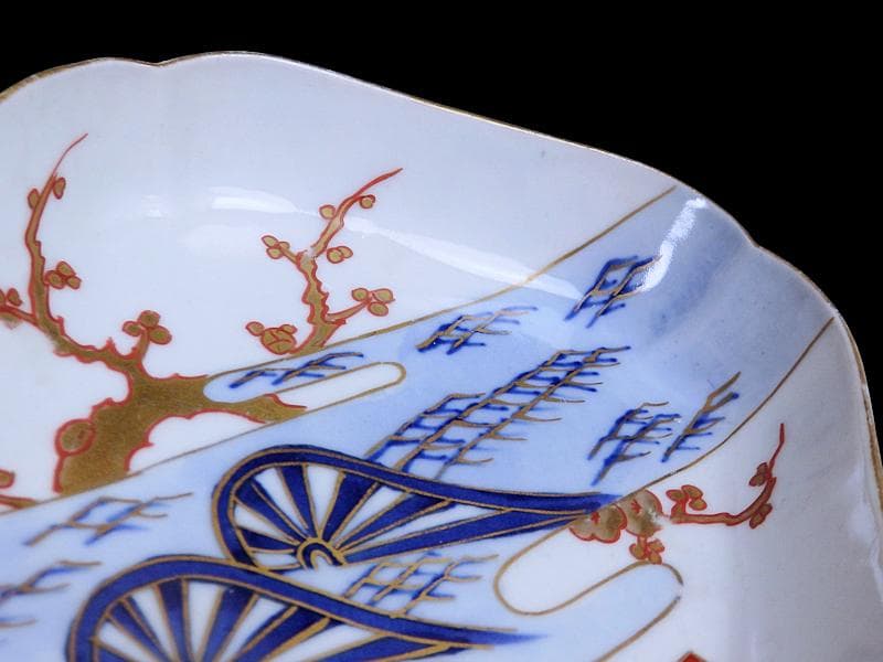 古伊万里　染錦　青海波に梅の図　菱形変形皿　５客　534AS-DBf