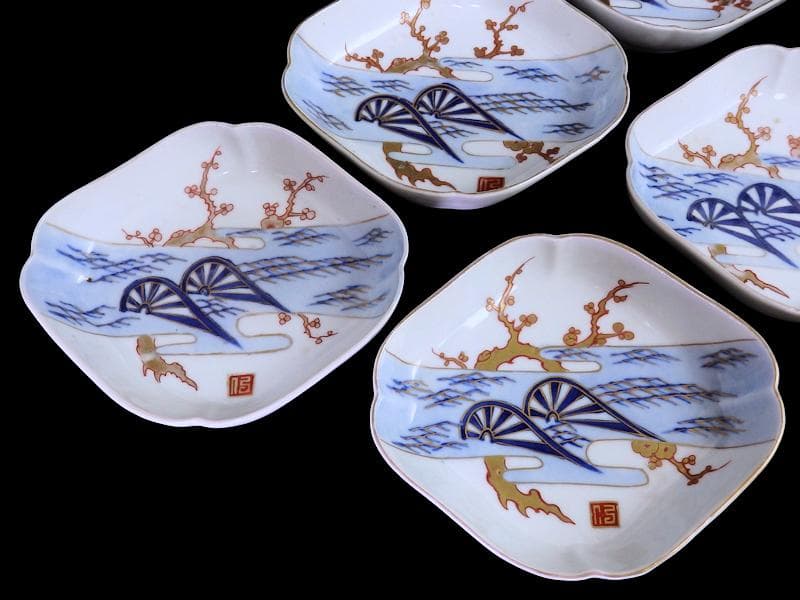 古伊万里　染錦　青海波に梅の図　菱形変形皿　５客　534AS-DBf