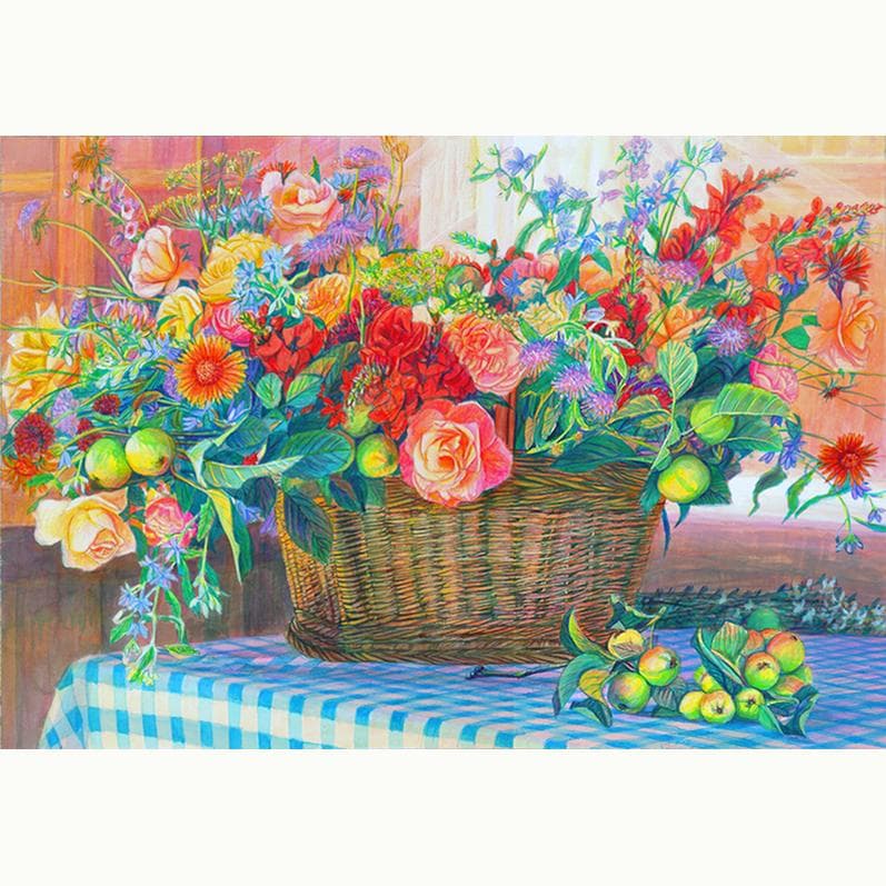 フラワー　花の絵　絵画　 赤　バスケット　ブラウン　茶色　水彩画の版画