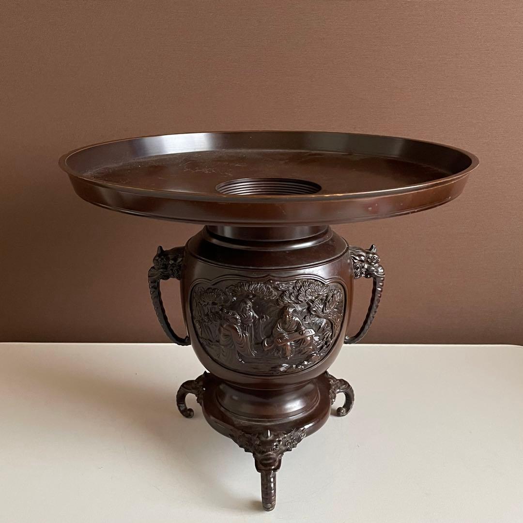 銅花器 薄端 在銘 精山 獅子双耳 池坊 茶道具 華道具 重さ5.2kg 04