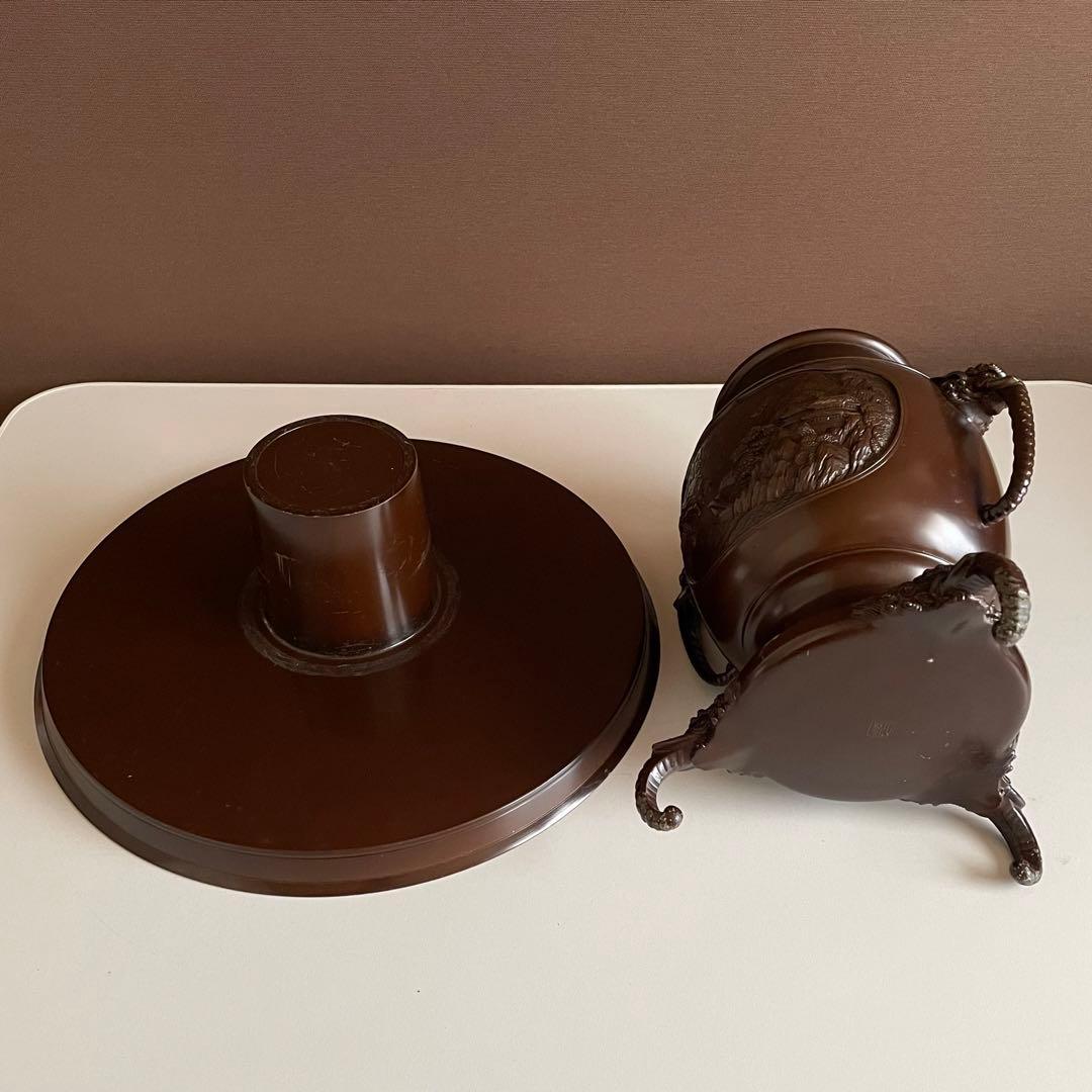 銅花器 薄端 在銘 精山 獅子双耳 池坊 茶道具 華道具 重さ5.2kg 04