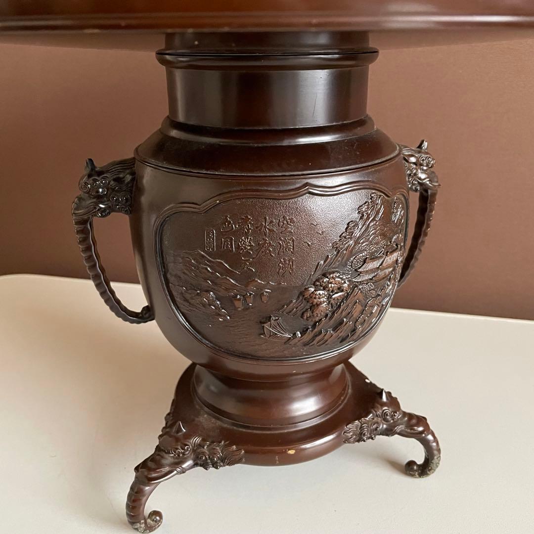 銅花器 薄端 在銘 精山 獅子双耳 池坊 茶道具 華道具 重さ5.2kg 04