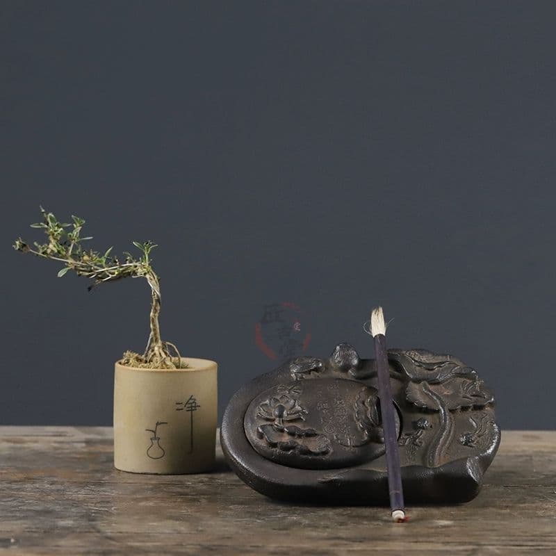 鉄器 蓮池月色硯台 蓮葉蛙筆洗 書道具 文房四宝 装飾品 工芸品 置物