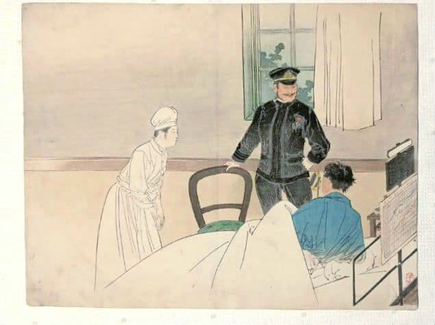 小説の口絵版画水野年方3枚、梶田半古1枚、富岡永洗1枚の5枚売り明治期閉じ穴あり