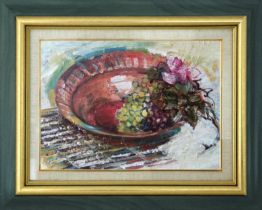 油絵 菅家令子 絵 絵画インテリア額付(黒) F4-110502 静物 フルーツ