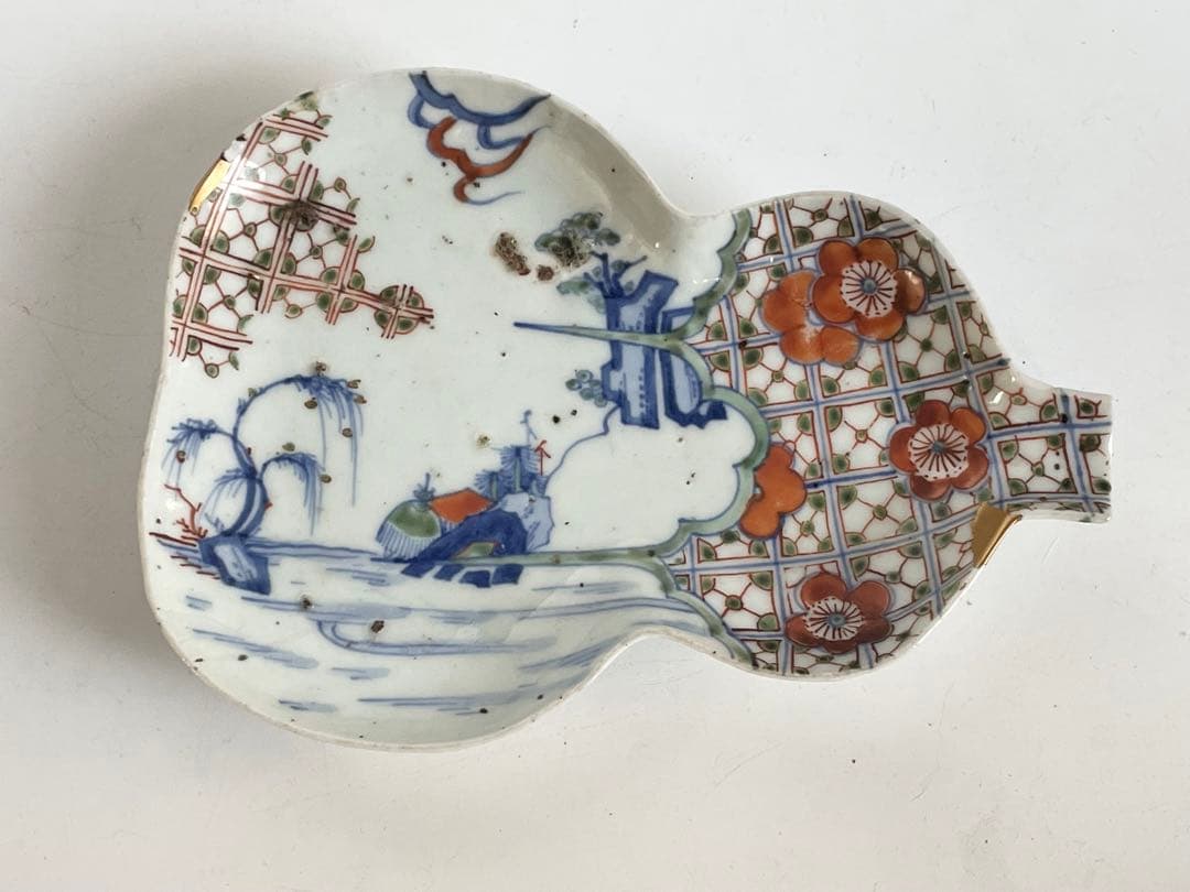 #1 骨董　アンティーク　色絵古九谷　色絵山水文瓢形向付　変形皿　古九谷