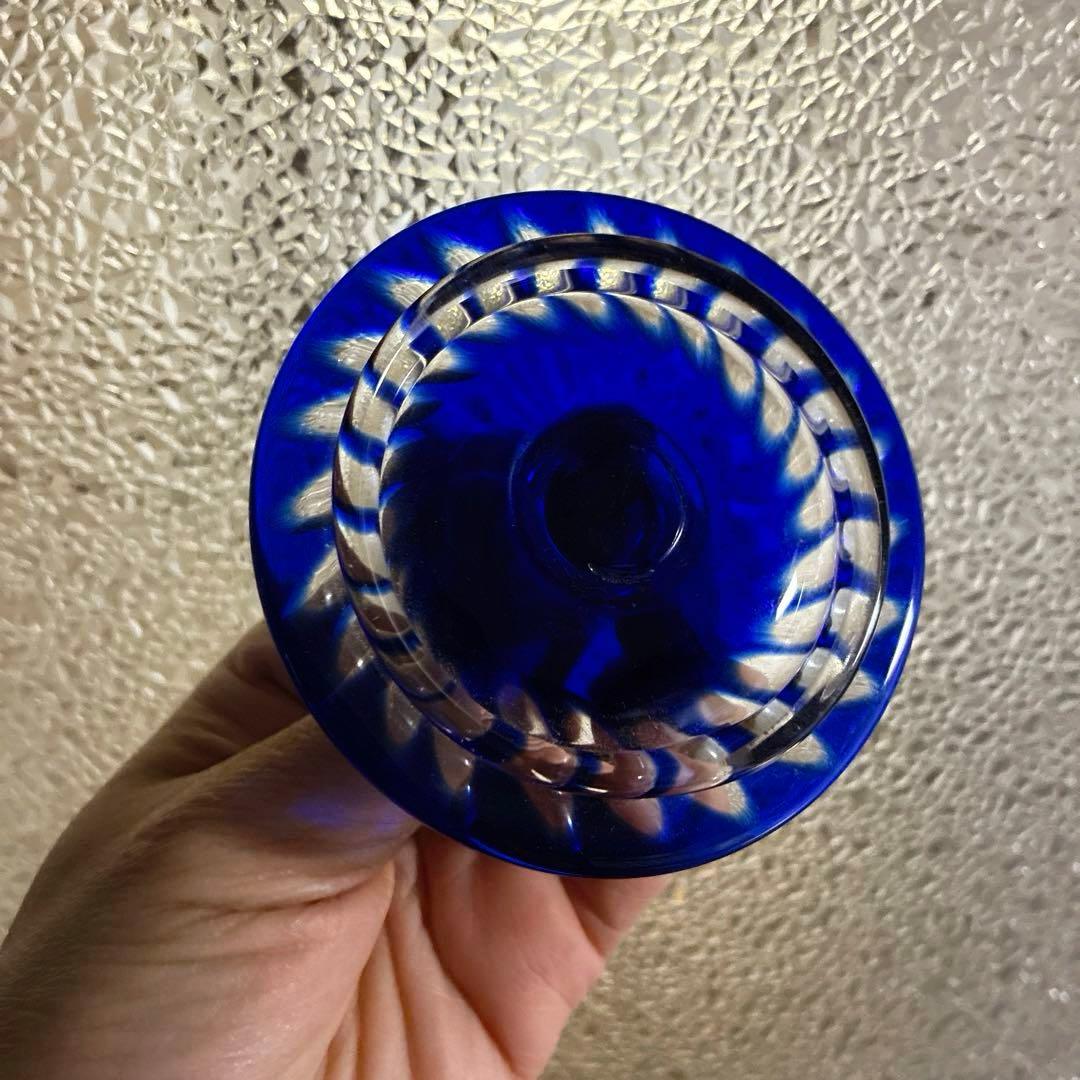 骨董　時代ガラス　青被せ切子　俵型洋花カット　希少ウランガラス　飴屋瓶　菓子瓶