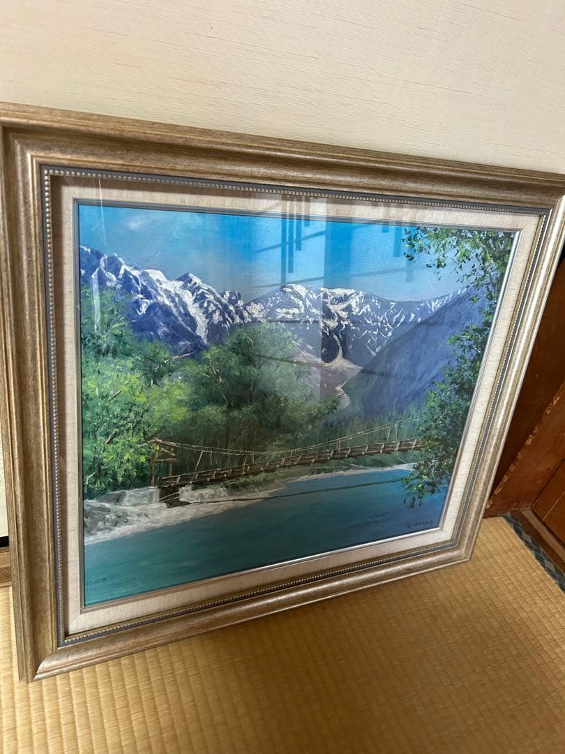 山と川の風景 油彩画 シルバーフレーム　上高地