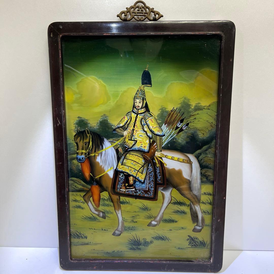 中国古玩　中国人物馬図　ガラス絵　金具込縦56㎝　東Y8-0205☆2F