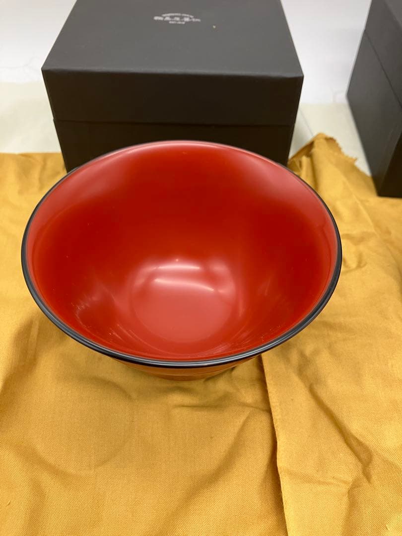 未使用輪島屋善仁 眉間寺椀　福々椀 溜内黒塗 洗朱塗 二客 輪島塗　製品登録書有