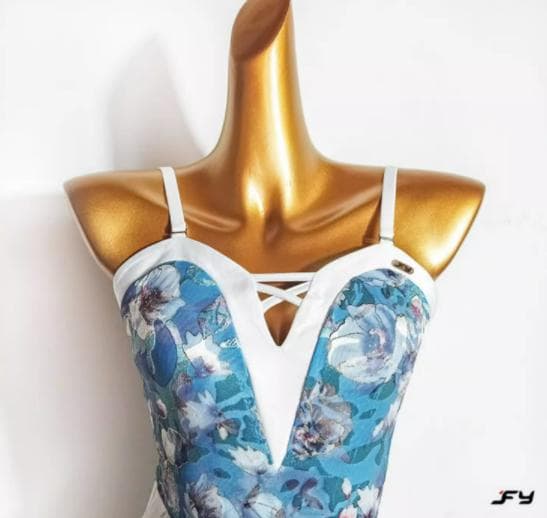 新作 社交ダンス衣装　ラテンワンピースドレス　花柄 ブルー オーダーメイド