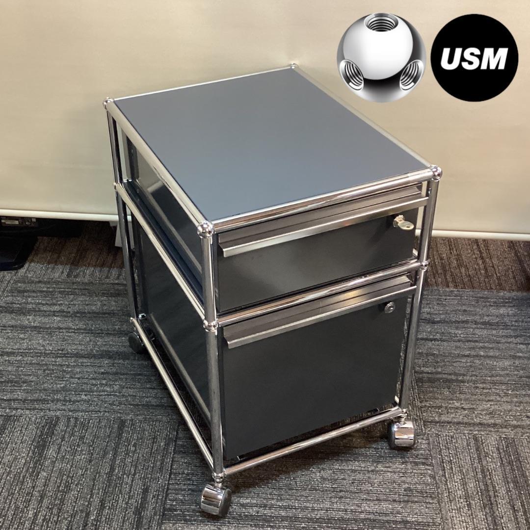 鍵付き　USMハラー　ロールボーイ　２段　デスクワゴン　アントラサイト　B