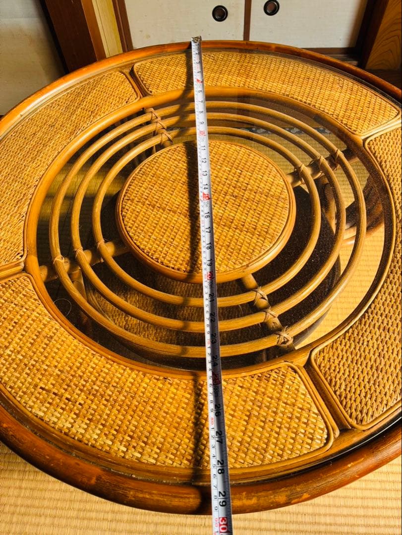 籐家具 ラタンラウンドローテーブル 籐素材 円卓 座卓 机 ラタン 昭和レトロ