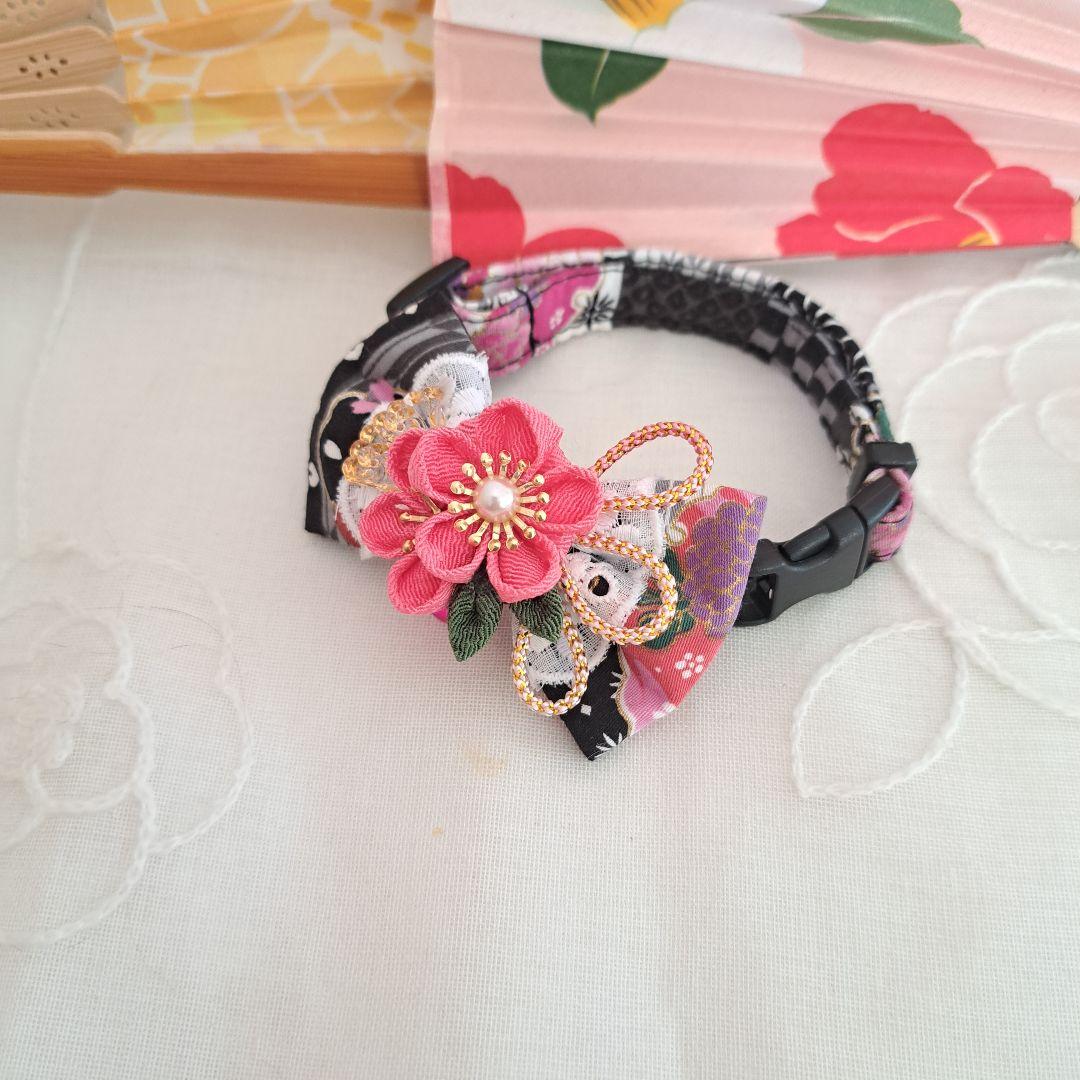 お正月、つまみ細工シングルリボン(黒②)わんちゃん猫ちゃん用首輪