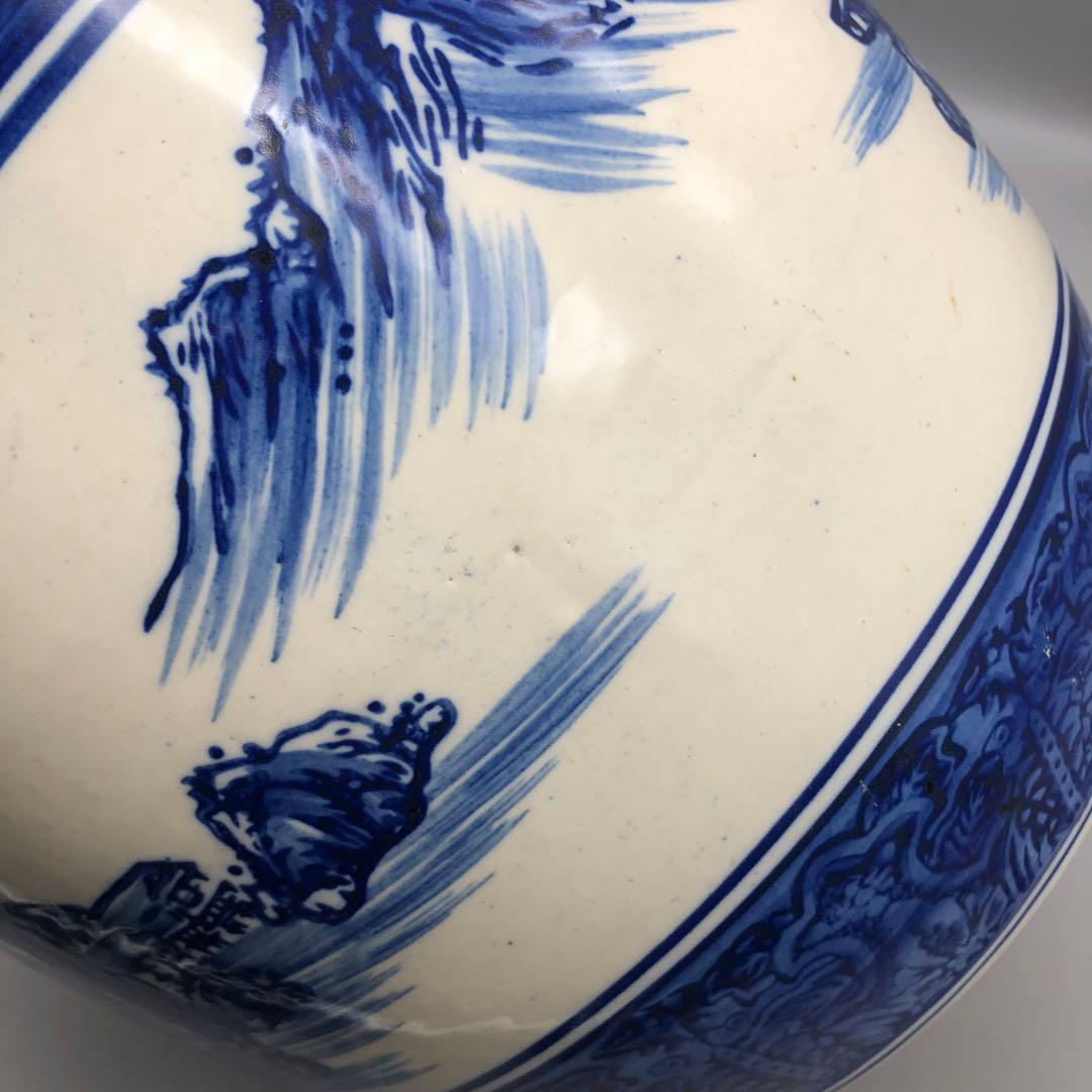 たちばな焼陶器藍色染め付け山水画火鉢24cm伝統工芸骨董品メダカ金魚睡蓮鉢