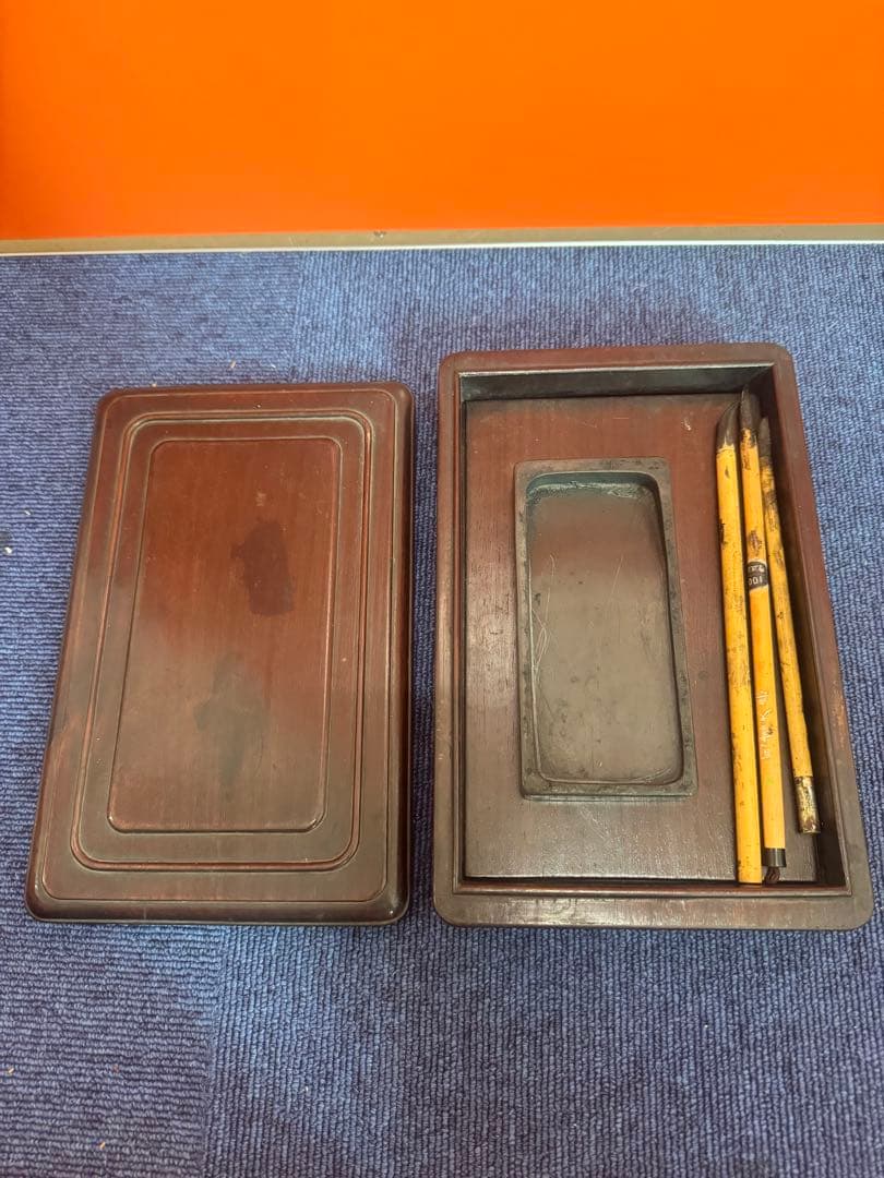1676 時代物 古唐木長方硯箱・唐木文房四宝盒 筆・雨畑硯付  書道具