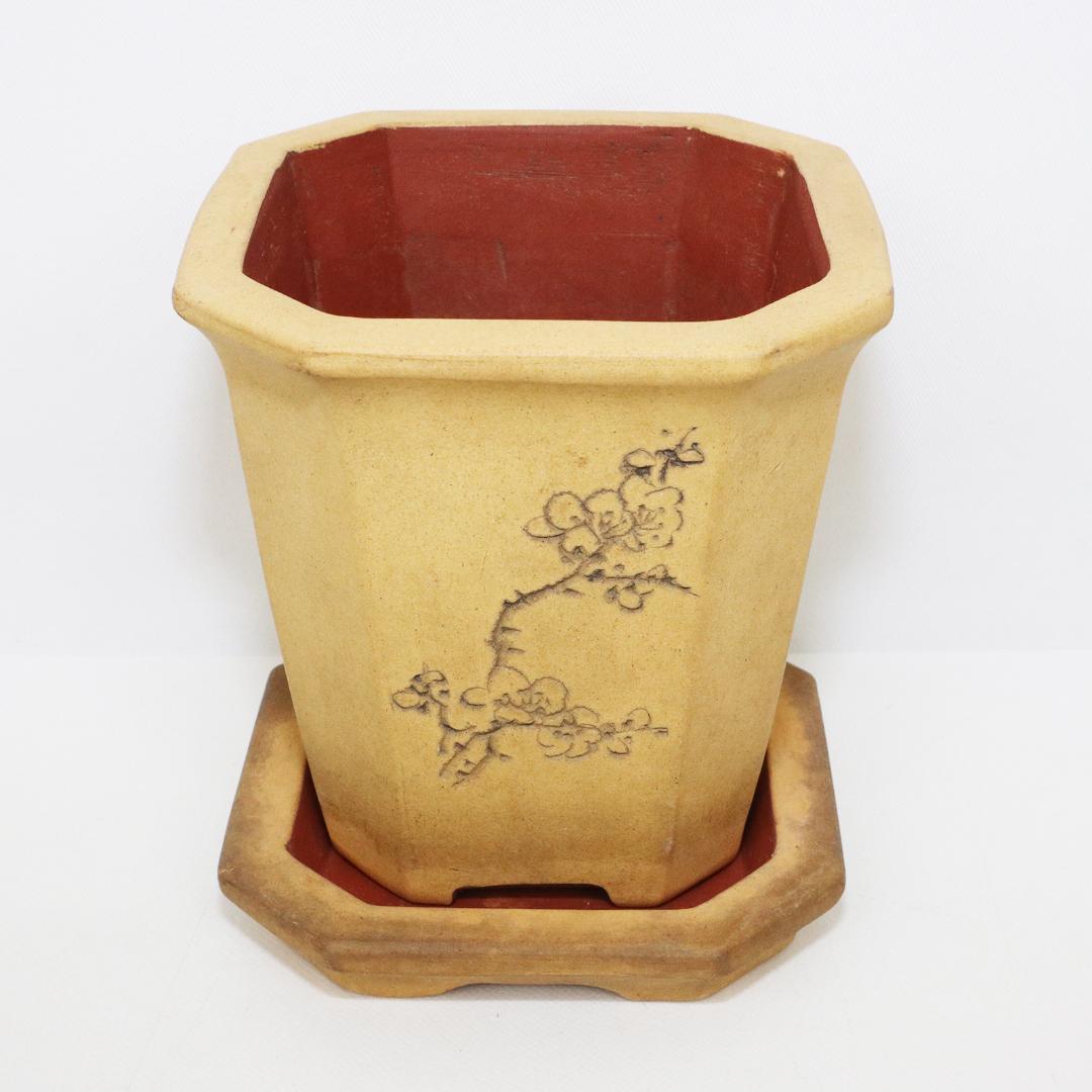 中国 唐物 古盆器 白泥釘彫絵梅花漢詩文