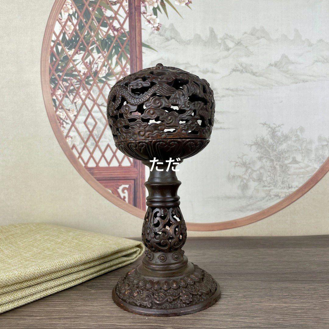 銅 細工 透かし彫り二龍戯珠祥雲盤竜薫る香炉 香道具 装飾品 工芸品 置物
