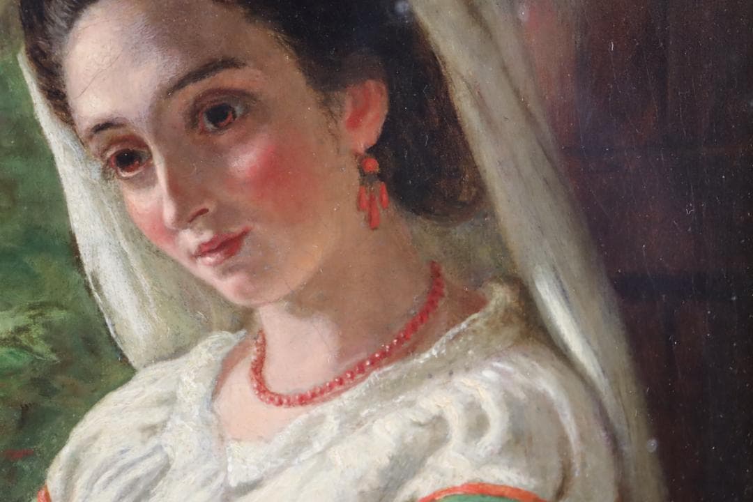 真作保証 19世紀古画 J.W. Chapman 「婦人像」油彩4号 1888年