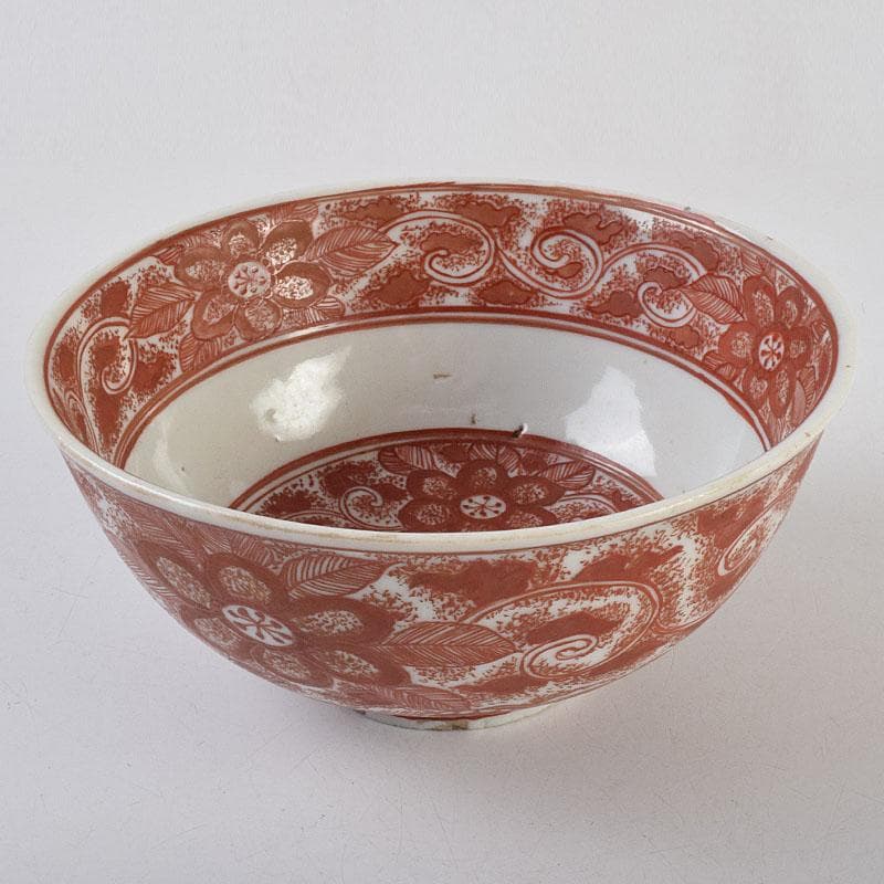 犬山焼　松原惣兵衛作　赤絵師道平絵付　赤絵唐草文　菓子鉢　共箱　V　R9507