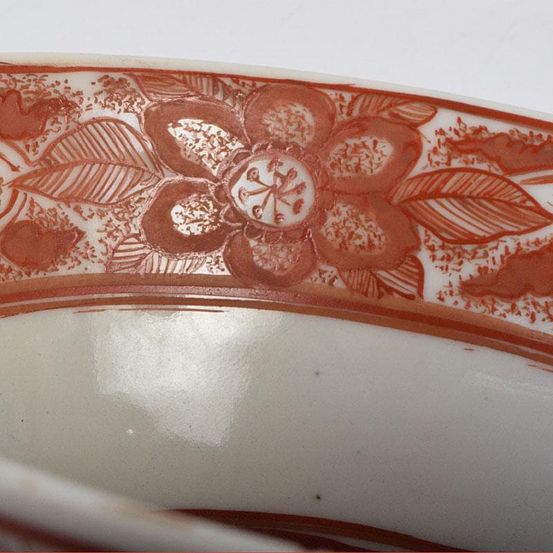 犬山焼　松原惣兵衛作　赤絵師道平絵付　赤絵唐草文　菓子鉢　共箱　V　R9507