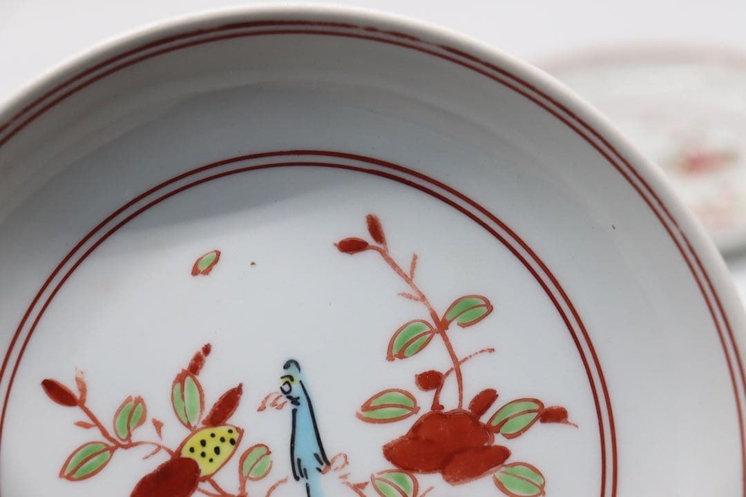 中国　紅緑彩　花鳥紋小皿2点　正徳年製銘　送料込み1023