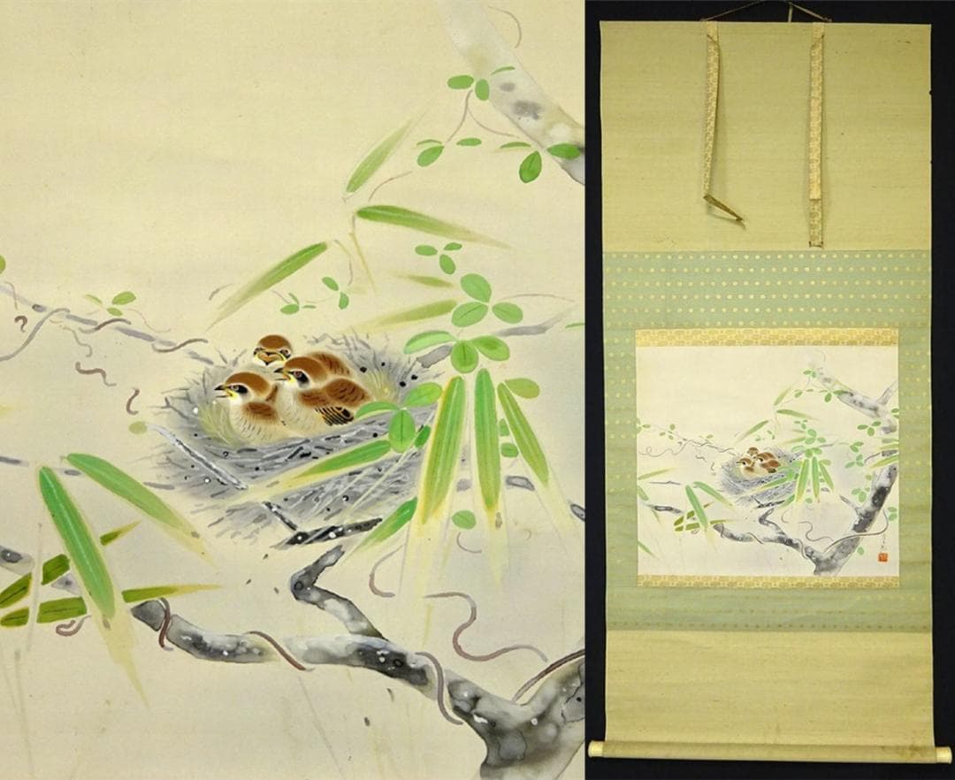 【真作】掛軸 室田秀太郎『雀図』絹本 肉筆 無地箱付 掛け軸 a040711