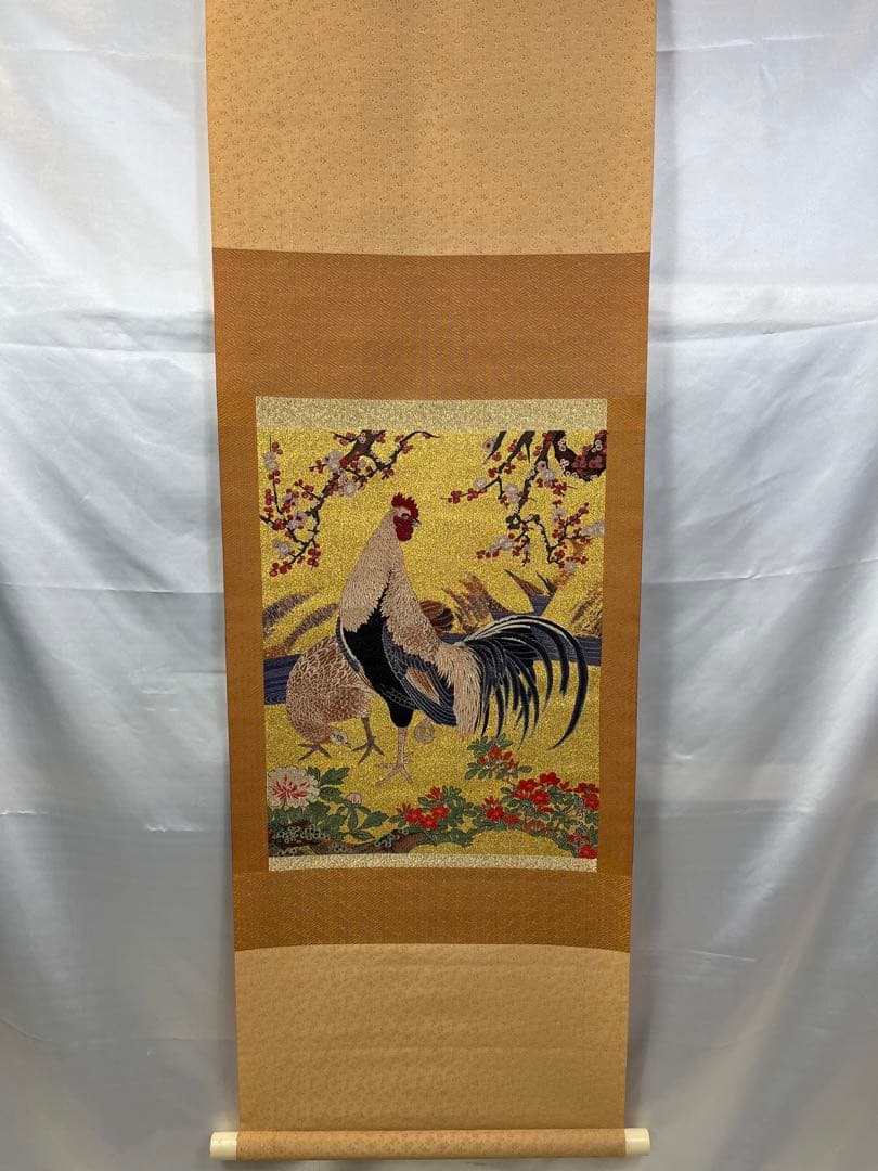 掛軸 狩野山楽「 四季花鳥図、紋織掛軸 」1000