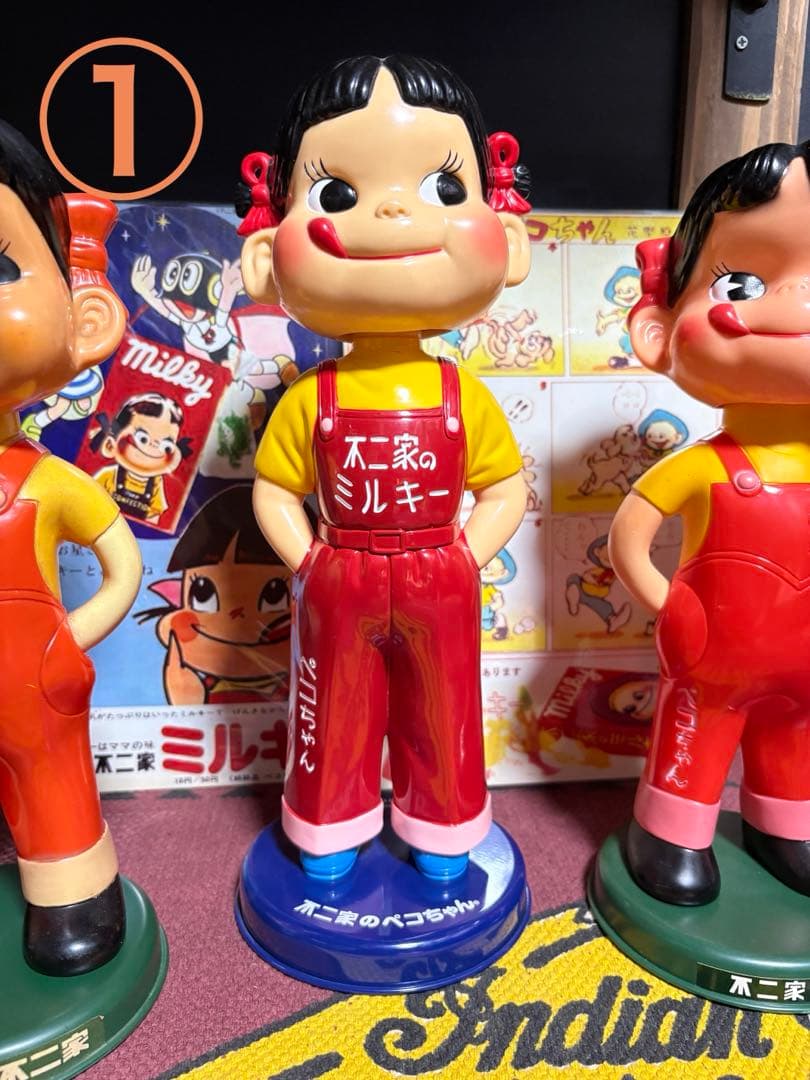 ★非売品★不二家★ペコちゃん★人形★5体★首ふり★赤ヘッダー★企業広告1枚★