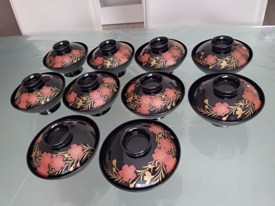 花柄金箔装飾 蓋付き椀 木曽 漆器 漆塗