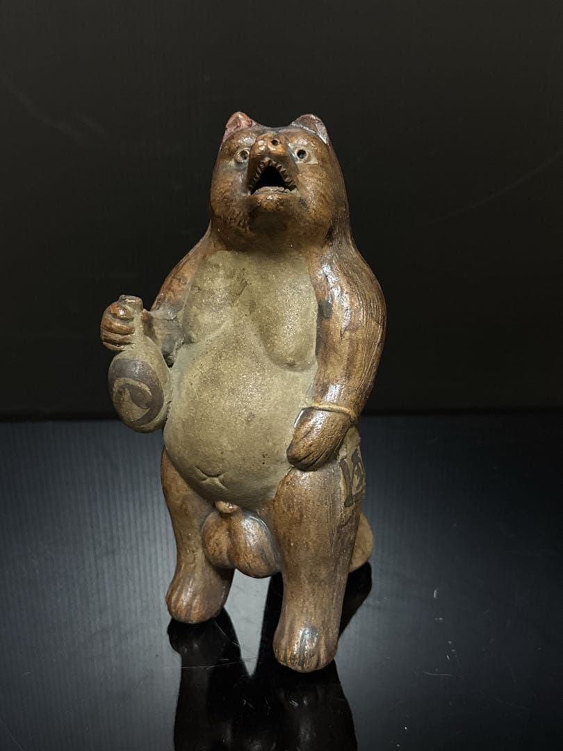 極珍 幕末〜明治期 初期狸 信楽焼 三点立 目透 狸 置物