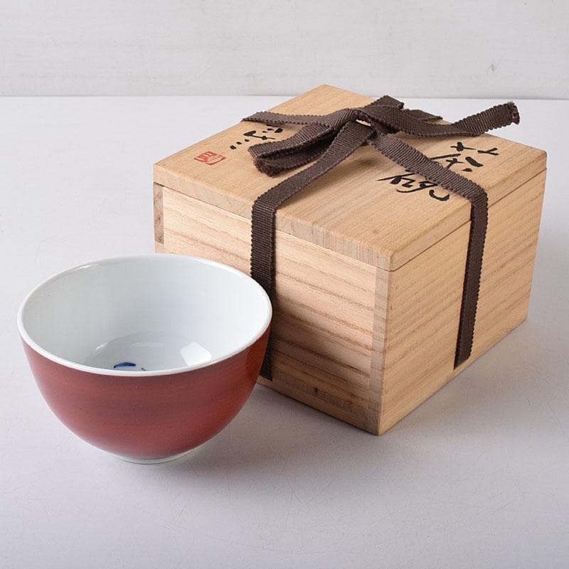 茶道具　京焼　清水焼　谷口良三作　辰砂　内達磨染付　茶碗　共箱　V　R8498