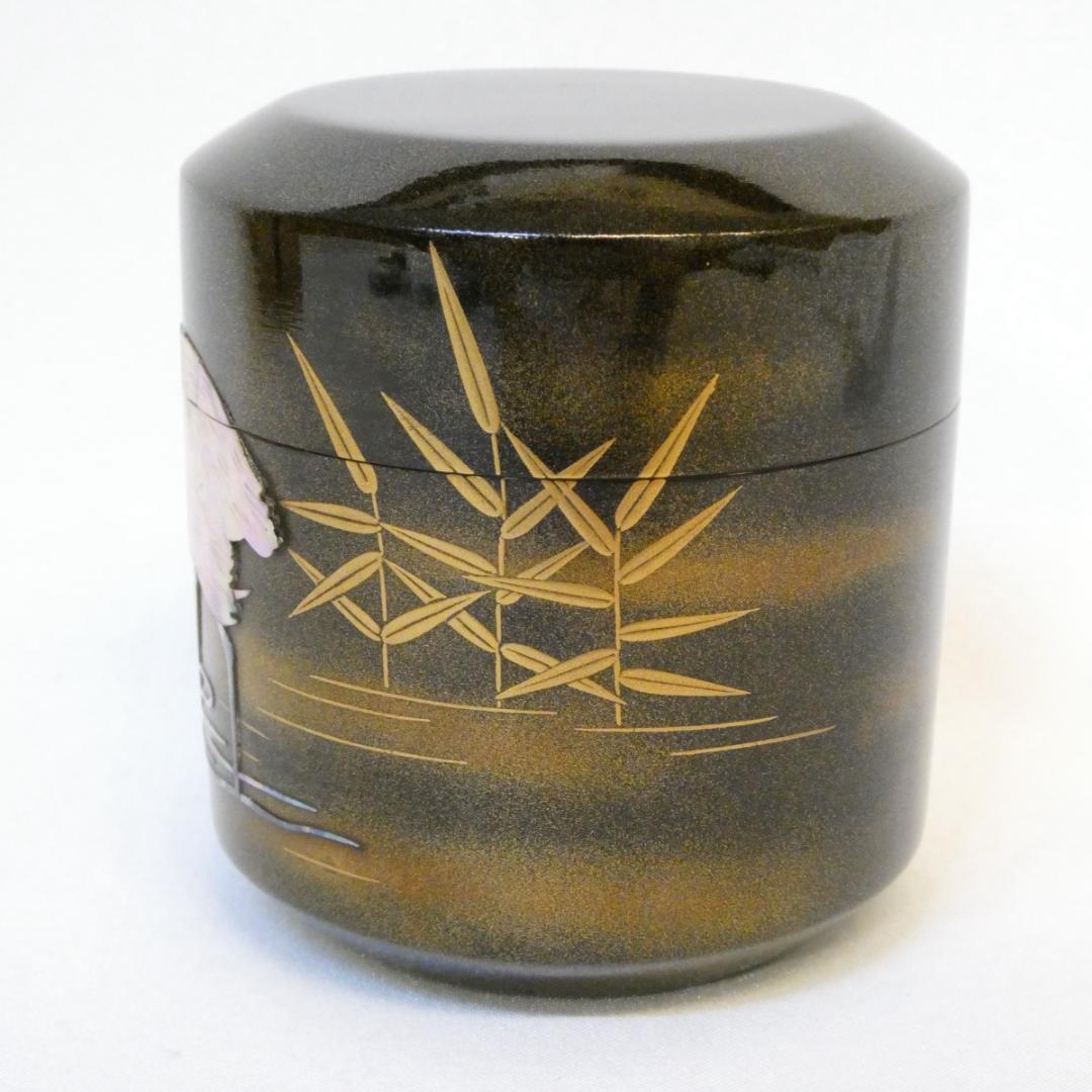 新品時35万 二代 前端春斎作 内梨地 雪吹 螺鈿 芦に鷺蒔絵 棗 茶器 茶道具