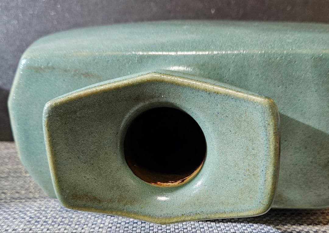 益子民藝　益子焼　名工　明石庄作 造　緑釉 扁壺　大作　師】人間国宝　濱田庄司