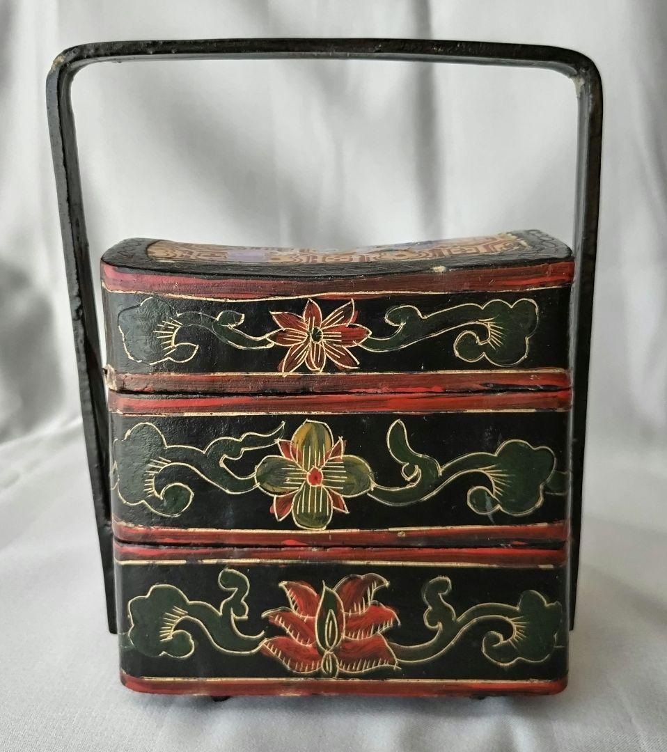 重箱 陶器蓋 草花 鹿 二段重 骨董 ヴィンテージ 時代物 中国 アジア