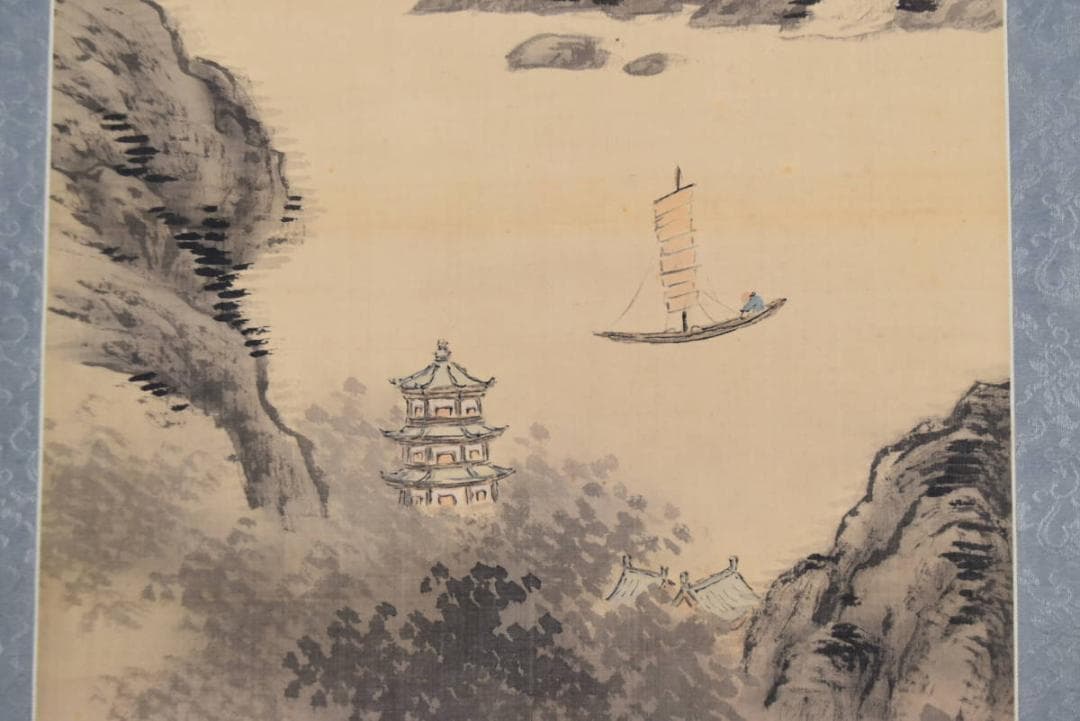 【真作】東洲/山水帆舟画賛/掛軸☆宝船☆AB-427