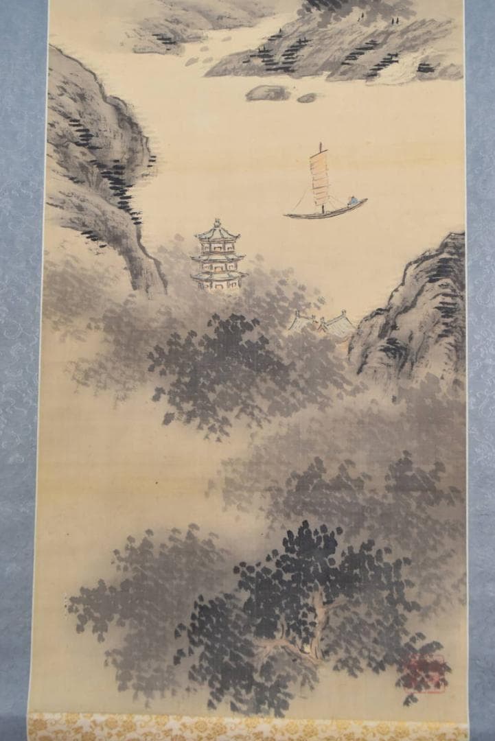 【真作】東洲/山水帆舟画賛/掛軸☆宝船☆AB-427