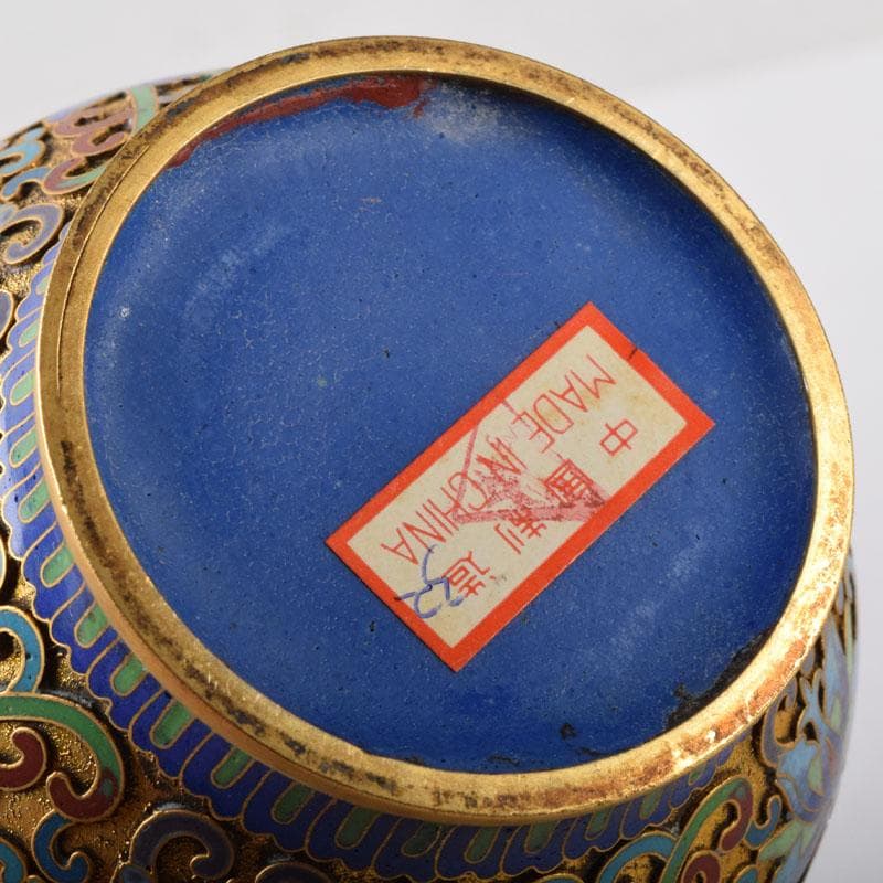 中国　古七宝琺瑯彩　獅子摘　花草文瓶　蓋壷　唐木台付　一對　V　7451